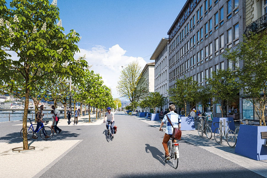 Die neu gestaltete Bahnhofstrasse gilt als Begegnungszone mit Tempo 20 und Vortritt für Fussgänger*innen. Bild: Visualisierung Website Stadt Luzern